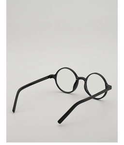 Detail view of round black frame reading glasses with anti-blue light coating lenses
