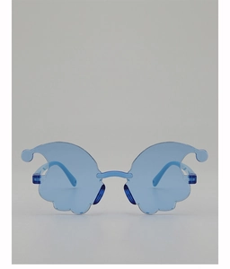 Close-up of blue cloud-shaped rimless party sunglasses with creative butterfly design