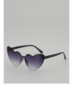 Detail view of heart-shaped sunglasses with purple gradient lenses and black frames
