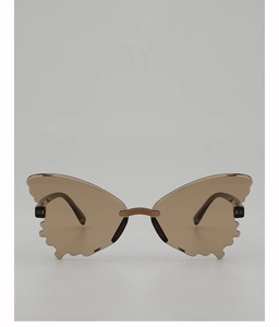 Front view of butterfly-shaped kids sunglasses with brown rimless lenses and gold metal bridge