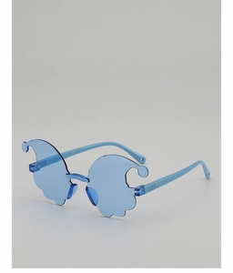 Detail of light blue rimless party glasses with wavy dark blue translucent lenses
