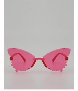 Close-up of pink butterfly-shaped rimless sunglasses for kids with transparent lenses