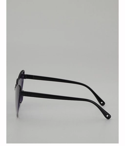 Detail view of heart-shaped black sunglasses featuring purple gradient lenses and glossy frame