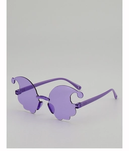 Detail view of purple ghost-shaped rimless party glasses for Halloween and photo props