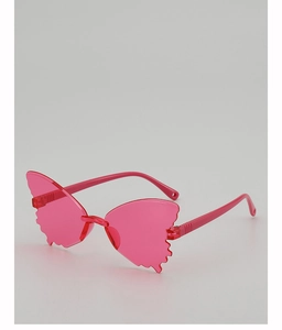 Detail of rose pink butterfly sunglasses featuring scalloped wing edges and rimless design