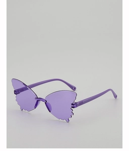Close-up of purple butterfly-shaped rimless sunglasses for kids with wavy wing edges