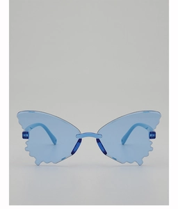 Detail of creative butterfly-shaped blue rimless sunglasses for children with wavy edges