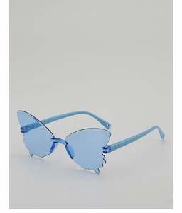 Close-up of butterfly-shaped rimless sunglasses with light blue wavy lenses for kids