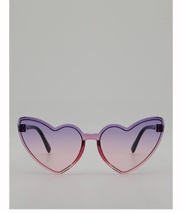 Detail of heart-shaped sunglasses featuring purple-to-pink gradient lenses and purple frames