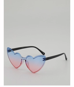 Detail of heart-shaped rimless sunglasses with blue-pink gradient lenses and black temples