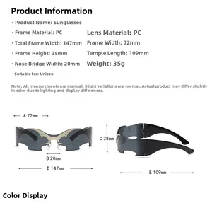 Detailed dimension guide for Y2K punk frameless sunglasses with futuristic bat wing design