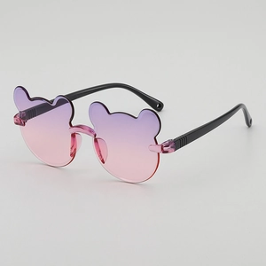 Kids cute bear-shaped sunglasses with black frame and gradient purple-pink lenses
