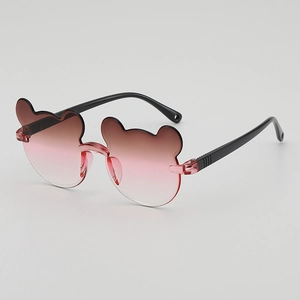 Cute bear-shaped rimless sunglasses for kids with trendy brown-to-pink gradient lenses