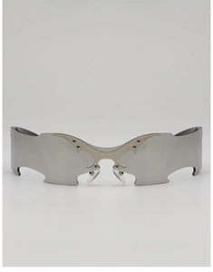 Detail of futuristic rimless silver mirrored visor sunglasses with metallic bridge accents