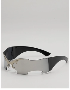 Detail of silver mirrored rimless futuristic sunglasses with flame metal accents