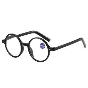Classic black round frame reading glasses with anti-blue light lens at 45-degree angle