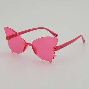 Modern butterfly-shaped frameless sunglasses for kids in vibrant peach pink color