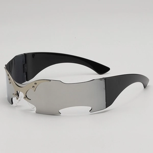 Futuristic punk wraparound sunglasses with silver mirror lens and bat wing metal detail