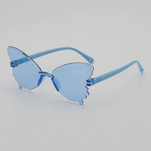 Kids butterfly shaped blue sunglasses with a frameless design and transparent temples