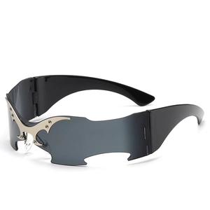 Y2K punk frameless oversized batwing sunglasses with silver metal flame detail
