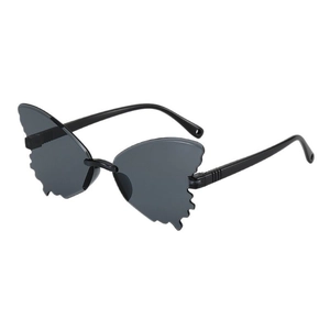 Stylish black butterfly shaped kids sunglasses featuring trendy rimless wing design