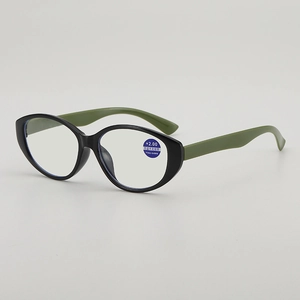 Fashionable blue light blocking reading glasses with black cat-eye frames and green temples