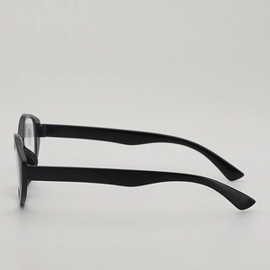 Modern black full-rim reading glasses with anti-blue light lenses shown from a side profile