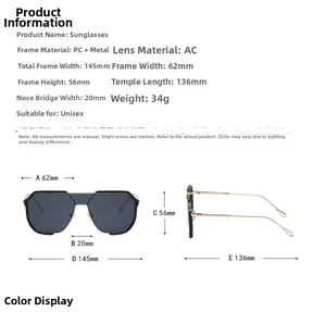 Detailed size chart for unisex oversized pilot sunglasses showing frame dimensions and weight