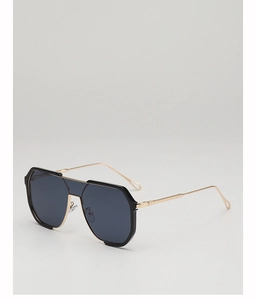 Detailed side view of black frame sunglasses with golden metal temples and dark lenses
