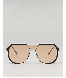 Close-up of black geometric aviator sunglasses with brown tinted lenses and metal temples