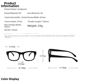 Detailed size chart for black square frames showing width, temple length and materials