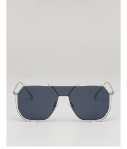 Detail showing high-quality black frame brown lenses and silver metal double bridge accents