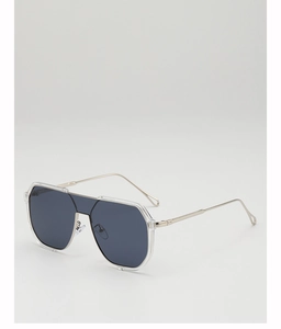 Detailed side view of black frame sunglasses showing slim metal temples and tinted lenses