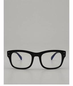 Close-up of black square frames with silver rivets and sleek blue inner temple design