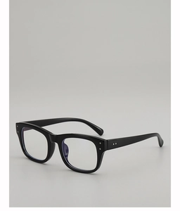 Macro detail of black square frame glasses with silver accents and blue light coating