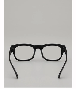 Detail view of solid black square eyeglass frames with durable metal hinge design