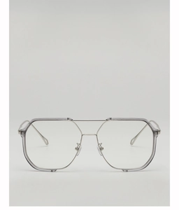 Detail showing translucent grey hexagonal frames with a stylish silver double bridge