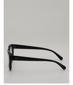 Side view of black rectangle glasses frames with silver studs on the polished temples