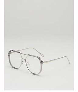 Detail of grey geometric hexagon sunglasses with double bridge and silver metal temples