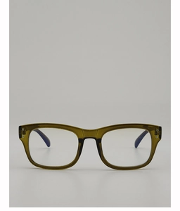 Front view of olive green translucent rectangle glasses frame with metal rivets