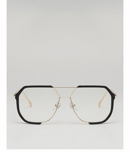 Close-up of geometric black and gold double bridge frame with metal nose pads