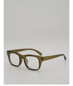 Detail view of transparent olive green eyeglass frames showing size specs on temple