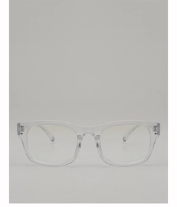 Front view of transparent square frames with decorative metal rivets for men