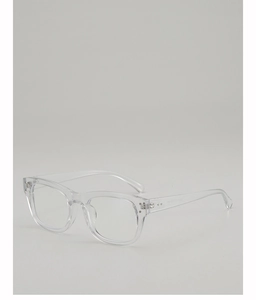 Detail view of transparent full-rim square glasses frame showing hinge and temple specs