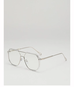 Detailed close-up of geometric dual-bridge sunglasses with silver metal and clear frame