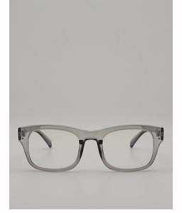 Detail shot of translucent gray square eyewear frame with durable metal hinges
