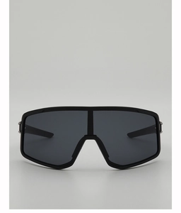 Detail view of large matte black frame cycling glasses with integrated dark grey lens