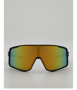 Detail of matte black cycling glasses with vibrant orange to cyan gradient lenses