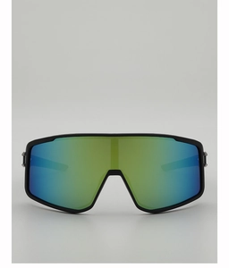 Detail view of adjustable nose pads and colorful cycling sunglasses frame with wide lens