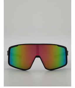 Macro shot of cycling glasses showing adjustable nose pads and colorful mirrored lenses